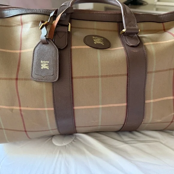 Burberry Barbour Brown and Green Duffel Bag with Classic Plaid Design